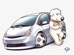 Rule 34 | 1boy, animal ears, animification, artist name, brian griffin, car, collar, crossed arms, dog boy, dog ears, family guy, furry, furry male, glint, grey background, grey car, highres, k.tofu, looking at viewer, motor vehicle, red collar, shadow, toyota, toyota prius, vehicle focus