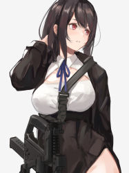 Rule 34 | 1girl, arm behind back, bad id, bad pixiv id, black jacket, breasts, cleavage, cleavage cutout, clothing cutout, commentary, eyebrows, gun, gun sling, hair between eyes, hand in own hair, head tilt, highres, jacket, kriss vector, large breasts, long sleeves, looking to the side, magazine (weapon), neck, original, pelvic curtain, purple hair, red eyes, sidelocks, sight, simple background, sling (weapon), solo, standing, string tie, submachine gun, takagaki eru, thighs, underbust, weapon, white background