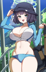 Rule 34 | 1girl, :d, absurdres, arm up, bag, bikini, bikini bottom only, black hat, blue archive, blue eyes, blue sky, blush, breasts, bucket hat, cleavage, cloud, collarbone, commentary, cowboy shot, day, green halo, groin, halo, hat, highres, holding, holding bag, large breasts, long sleeves, looking at viewer, naseul 777, navel, official alternate costume, open mouth, outdoors, purple hair, rash guard, saki (blue archive), saki (swimsuit) (blue archive), short hair, sky, smile, solo, stomach, swimsuit, teeth, thighs, unzipped, upper teeth only