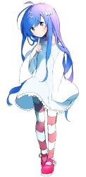 Rule 34 | 1girl, ahoge, bad id, bad pixiv id, blue dress, blue hair, blush, bow, brown eyes, dress, finger to own chin, full body, fuyusuke (hz+), gradient hair, hair bow, hair ornament, hairclip, hands in opposite sleeves, head tilt, heart, heart hair ornament, highres, index finger raised, long sleeves, mary janes, multicolored hair, original, pink footwear, pink hair, shoes, simple background, solo, striped clothes, striped thighhighs, swept bangs, tareme, thighhighs, walking, white background, wide sleeves