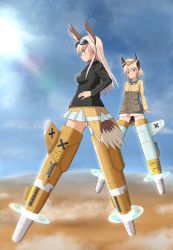 Rule 34 | 2girls, blue eyes, cloud, day, desert, flying, garrison cap, goggles, goggles around neck, goggles on head, hands on own hips, hanna-justina marseille, hat, head wings, highres, horizon, kaneko (novram58), long hair, looking down, multiple girls, pink hair, raisa pottgen, short hair, sky, smile, strike witches, striker unit, tail, uniform, wings, world witches series