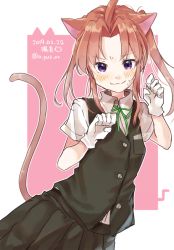 Rule 34 | 1girl, ahoge, animal ears, black vest, brown hair, cat ears, cat tail, character name, curled fingers, dated, gloves, green ribbon, kagerou (kancolle), kantai collection, kemonomimi mode, long hair, neck ribbon, paw pose, pink background, ribbon, school uniform, shirt, short sleeves, skirt, solo, tail, twintails, twitter username, two-tone background, u yuz xx, vest, white background, white gloves, white shirt