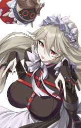Rule 34 | 1girl, alexandrina sebastiane, apron, black dress, breasts, closed mouth, commentary request, dress, gloves, grey hair, hair between eyes, highres, large breasts, long hair, long sleeves, maid, maid apron, maid headdress, partially fingerless gloves, red eyes, smile, solo, tongue, tongue out, upper body, white apron, yatsuka mirin, zenless zone zero