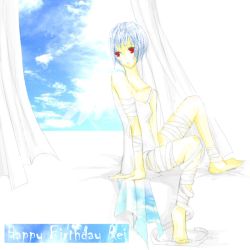 Rule 34 | 1girl, ayanami rei, bandages, blue hair, breasts, curtains, neon genesis evangelion, red eyes, short hair, sky, small breasts, solo, window