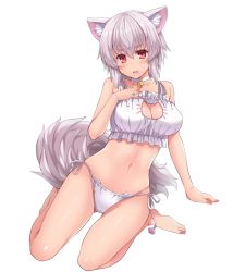 Rule 34 | 1girl, amane hasuhito, animal ears, bad id, bad pixiv id, bare shoulders, barefoot, bell, neck bell, blush, bra, breasts, cat cutout, cat ear panties, cat lingerie, cleavage, cleavage cutout, clothing cutout, collar, collarbone, d:, full body, hand on own chest, inubashiri momiji, jingle bell, large breasts, looking at viewer, meme attire, navel, open mouth, panties, red eyes, short hair, side-tie panties, simple background, sitting, solo, tail, touhou, underwear, underwear only, wariza, white background, white bra, white hair, white panties, wolf ears, wolf tail