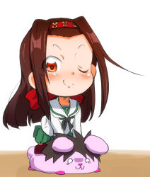 Rule 34 | 1girl, aged down, arm support, artist self-insert, black neckerchief, black thighhighs, blouse, brown eyes, brown hair, chibi, closed mouth, commentary, girls und panzer, green skirt, headband, jinguu (4839ms), kneeling, leaning forward, long hair, long sleeves, looking at viewer, neckerchief, one eye closed, ooarai school uniform, pleated skirt, rabbit, red headband, saemonza (girls und panzer), sailor collar, school uniform, serafuku, shirt, skirt, smile, solo, straight hair, thighhighs, white background, white sailor collar, white shirt