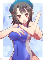Rule 34 | 10s, 1girl, black hair, breast suppress, breasts, competition swimsuit, hat, kantai collection, large breasts, looking at viewer, one-piece swimsuit, ookami maito, open mouth, pink eyes, short hair, solo, swimsuit, takao (kancolle), twitter username, wide hips