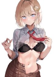 Rule 34 | 1girl, absurdres, black bra, blonde hair, blue eyes, blush, bra, bra visible through clothes, breasts, brown skirt, cleavage, closed mouth, collared shirt, commentary, embarrassed, hair intakes, hands up, highres, holding necktie, hololive, hololive english, long sleeves, looking down, medium breasts, monocle, navel, necktie, open clothes, open shirt, parted bangs, pepq, plaid, plaid skirt, red necktie, see-through, see-through shirt, shirt, short hair, simple background, skirt, solo, stomach, symbol-only commentary, underwear, virtual youtuber, watson amelia, watson amelia (1st costume), white background, white shirt