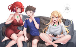Rule 34 | 1boy, 2girls, absurdres, alternate costume, blonde hair, blush, breasts, chest jewel, cleavage, dual persona, duplicate, highres, large breasts, long hair, matching hair/eyes, multiple girls, mythra (xenoblade), nightgown, nintendo, nithros, pixel-perfect duplicate, pyra (xenoblade), red eyes, red hair, rex (xenoblade), short hair, swept bangs, very long hair, xenoblade chronicles (series), xenoblade chronicles 2, yellow eyes
