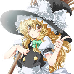Rule 34 | 1girl, anime coloring, blonde hair, broom, brown eyes, colorized, female focus, gotou nao, hat, kirisame marisa, long hair, pointing, ribbon, simple background, solo, touhou, witch, witch hat, yui (daijun)