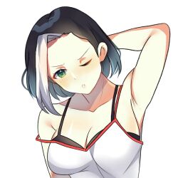 Rule 34 | 1girl, artist request, bare shoulders, benedetta (mobile legends), benedetta mlbb, black bow, black hair, blush, bow, breasts, character request, cleavage, green eyes, highres, medium breasts, mobile legends: bang bang, multicolored hair, non-web source, open mouth, pajamas, portrait, short hair, solo, source request, upper body, white background, white hair