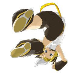 Rule 34 | 1girl, arm warmers, armpits, bare shoulders, belt, blonde hair, blue eyes, detached sleeves, hair ribbon, kagamine rin, leg warmers, looking at viewer, open mouth, ribbon, sailor collar, short hair, shorts, simple background, sketch, smile, solo, upside-down, vocaloid, white background