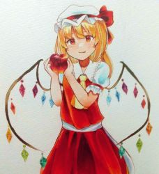 Rule 34 | 1girl, ameyume7234, apple, ascot, blonde hair, closed mouth, collared shirt, commentary request, cowboy shot, fang, fang out, flandre scarlet, food, frilled shirt collar, frilled sleeves, frills, fruit, hat, hat ribbon, highres, holding, holding food, holding fruit, looking at viewer, mob cap, multicolored wings, orange eyes, puffy short sleeves, puffy sleeves, red ribbon, red skirt, red vest, ribbon, shirt, short sleeves, skirt, skirt set, solo, touhou, traditional media, vest, white hat, white shirt, wings, yellow ascot