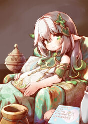 Rule 34 | 1girl, blanket, blush, book, commentary request, couch, cross-shaped pupils, dress, flat chest, genshin impact, gold trim, gradient hair, green eyes, green hair, grey hair, hair between eyes, hair ornament, hands on own stomach, highres, indoors, jar, kareya, light smile, long hair, looking at viewer, multicolored hair, nahida (genshin impact), on couch, pointy ears, ponytail, pregnant, sidelocks, sitting, sleeveless, sleeveless dress, solo, symbol-shaped pupils, white dress