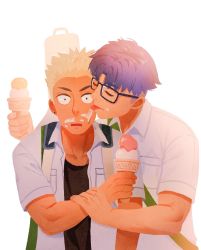 Rule 34 | 2boys, bag, black tank top, blonde hair, blue hair, closed eyes, food, food on face, gaydio zrong, glasses, highres, holding, holding food, ice cream, ice cream cone, licking, licking another&#039;s face, male focus, multiple boys, open clothes, open mouth, open shirt, original, shared food, shirt, short hair, shoulder bag, simple background, tank top, tongue, tongue out, undercut, white background, white shirt, yaoi