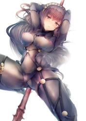 Rule 34 | 1girl, bodysuit, breasts, cameltoe, closed mouth, commentary request, covered erect nipples, covered navel, fate/grand order, fate (series), gae bolg (fate), gluteal fold, headdress, high heels, highres, large breasts, long hair, looking at viewer, miurahha, mixed-language commentary, polearm, purple bodysuit, purple hair, red eyes, scathach (fate), solo, spear, very long hair, weapon, white background