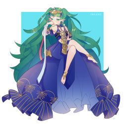 Rule 34 | 1girl, absurdres, artist name, barefoot, braid, closed mouth, dress, fire emblem, fire emblem: three houses, green eyes, green hair, highres, inkanii, crossed legs, long hair, nintendo, pointy ears, ribbon braid, simple background, solo, sothis (fire emblem), tiara, twin braids