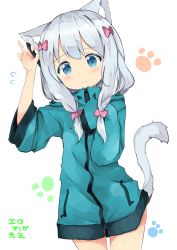 Rule 34 | 10s, 1girl, animal ears, blue eyes, blush, bow, cat ears, cat tail, closed mouth, commentary request, copyright name, cowboy shot, eromanga sensei, flying sweatdrops, frown, hair bow, head tilt, izumi sagiri, jacket, kemonomimi mode, long hair, looking at viewer, low-tied long hair, paw print, paw print background, pink bow, shibainu kisetsu, silver hair, sleeves past wrists, solo, standing, stylus, tail, translated