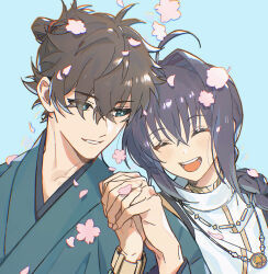 Rule 34 | 1boy, 1other, ahoge, androgynous, black hair, blue background, blue eyes, blue kimono, bracelet, braid, brown hair, cherry blossoms, choker, closed eyes, falling petals, fate/samurai remnant, fate (series), hair intakes, holding hands, japanese clothes, jewelry, kimono, loooooneutral, miyamoto iori (fate), necklace, open mouth, petals, sidelocks, simple background, single braid, smile, topknot, yamato takeru (fate)