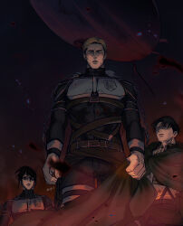 Rule 34 | 1other, 2boys, absurdres, aircraft, airship, alternate costume, alternate muscle size, alternate universe, blonde hair, blue eyes, embers, erwin smith, feet out of frame, from below, hange zoe, highres, levi (shingeki no kyojin), looking at viewer, looking down, male focus, multiple boys, muscular, muscular male, shingeki no kyojin, short hair, thick eyebrows, xp d
