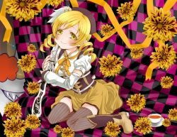 Rule 34 | 10s, 1girl, beret, blonde hair, boots, breasts, brown thighhighs, charlotte (madoka magica), checkered background, corset, cup, curtains, detached sleeves, drill hair, fingerless gloves, flower, gloves, gun, hair ornament, hairpin, hat, kneeling, magical girl, magical musket, mahou shoujo madoka magica, mahou shoujo madoka magica (anime), pleated skirt, puffy sleeves, ribbon, rifle, ryokuya, shirt, sitting, skirt, smile, striped clothes, striped thighhighs, taut clothes, taut shirt, teacup, thighhighs, tomoe mami, twin drills, twintails, vertical-striped clothes, vertical-striped thighhighs, weapon, witch&#039;s labyrinth, yellow eyes, zettai ryouiki