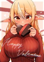 Rule 34 | 1girl, alternate costume, blonde hair, blush, box, box of chocolates, breasts, commentary, covered mouth, hair between eyes, happy valentine, heart, heart-shaped box, highres, holding, holding box, hololive, large breasts, long hair, long sleeves, looking at viewer, multicolored hair, pink background, red eyes, red sweater, ribbed sweater, shiranui flare, sleeves past wrists, solo, sweater, taut clothes, two-tone hair, upper body, valentine, virtual youtuber, white hair, yamaki (yamaki801)