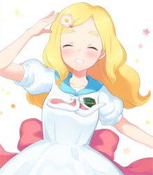 Rule 34 | 1girl, arm up, back bow, hairclip, blonde hair, blue sailor collar, blush, bow, dress, closed eyes, facing viewer, flower, hair flower, hair ornament, hairclip, happy, harohapi! shinonome megu-chan no oheya, long hair, mito tsubaki, outstretched arm, pink flower, puffy short sleeves, puffy sleeves, red bow, sailor collar, sailor dress, shinonome megu, short sleeves, smile, solo, star (symbol), starry background, upper body, virtual youtuber, white dress