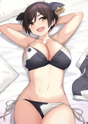 Rule 34 | 1girl, :d, animal ears, animal print, armpits, arms up, bad id, bad pixiv id, barcode, bare arms, bare shoulders, bed sheet, bikini, black bikini, blush, breasts, brown eyes, brown hair, cccpo, cleavage, collarbone, commentary request, cow ears, cow print, cowboy shot, fake animal ears, from above, hair ribbon, halterneck, highres, large breasts, looking at viewer, lying, navel, on back, open mouth, original, pillow, ribbon, short hair, shorts, side-tie bikini bottom, smile, solo, stomach, swimsuit, tomboy, unworn shorts, white bikini