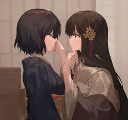 Rule 34 | 2girls, bad link, black kimono, breasts, brown eyes, brown hair, chorefuji, closed mouth, commentary request, eye contact, from side, grey eyes, hair ornament, hands up, highres, japanese clothes, kimono, long hair, looking at another, medium breasts, multiple girls, orange sash, original, short hair, sweat