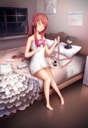 Rule 34 | 1girl, absurdres, barefoot, bed, brown hair, calendar (object), closed eyes, collarbone, commentary, doki doki literature club, doll, dress, drying, drying hair, english commentary, full body, hair down, hair dryer, hair ornament, highres, indoors, jewelry, long hair, monika (doki doki literature club), naked towel, night, on bed, ornate ring, pillow, ring, sitting, smile, solo, towel, tsukimaru, unworn dress, unworn hair ornament, very long hair, wedding ring, wet, wet hair, white dress, window, wooden floor