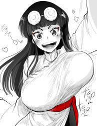 Rule 34 | 1girl, arm up, black hair, blunt bangs, blush, bouncing breasts, breasts, coke-bottle glasses, eyewear on head, genderswap, genderswap (mtf), glasses, greyscale, heart, large breasts, long hair, marimo (yousei ranbu), monochrome, mousse (ranma 1/2), open mouth, ranma 1/2, simple background, smile, solo, spot color, upper body, white background