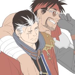 Rule 34 | 2boys, 4100, adjusting eyewear, arm around shoulder, armor, auron, black hair, brown eyes, facial hair, final fantasy, final fantasy x, gloves, grin, headband, implied yaoi, japanese clothes, jecht, long hair, looking at another, male focus, multiple boys, muscular, no eyewear, one eye closed, red eyes, scar, scar across eye, shoulder armor, smile, sunglasses, topless male, white background, yaoi