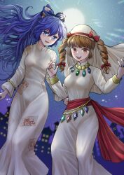 Rule 34 | 2girls, alternate costume, belt, blue hair, bow, breasts, debt, dress, drill hair, floating hair, hair bow, height difference, highres, jewelry, kyabekko, long dress, long hair, long sleeves, multiple girls, necklace, orange hair, red belt, ring, siblings, sisters, sky, small breasts, star (sky), starry sky, touhou, twin drills, white dress, yorigami jo&#039;on, yorigami shion