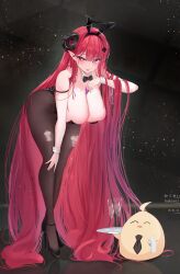 Rule 34 | 1girl, 2024, absurdly long hair, absurdres, animal ears, artist name, azur lane, bent over, black horns, black leotard, black necktie, breasts, brown pantyhose, cleavage, condom, condom between breast, condom wrapper, cross hair ornament, curled horns, dated, detached collar, fake animal ears, forward facing horns, hair ornament, hanging breasts, heart, heart-shaped pupils, highres, hindenburg (azur lane), hindenburg (delirious duel) (azur lane), holding, holding tray, horns, huge breasts, kakuseikakusei, leotard, long hair, looking at viewer, manjuu (azur lane), necktie, official alternate costume, pantyhose, playboy bunny, pointy ears, rabbit ears, red eyes, red hair, short necktie, solo, strapless, strapless leotard, symbol-shaped pupils, torn clothes, torn pantyhose, tray, undersized breast cup, very long hair, white wrist cuffs, wrist cuffs