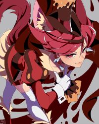 Rule 34 | 10s, 1girl, animal ears, artist name, bowing, brown hair, cape, choker, closed mouth, cure chocolat, curtsey, dog ears, dog tail, earrings, extra ears, gloves, grey background, hat, highres, jewelry, kenjou akira, kirakira precure a la mode, leaning forward, lips, looking at viewer, magical girl, multicolored hair, precure, puffy sleeves, red eyes, red hair, short hair, simple background, skirt, smile, solo, streaked hair, tail, white gloves, yoshiki (reborunlove)