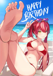 Rule 34 | 1girl, arm up, ass, bare shoulders, beach chair, bikini, blue sky, breasts, cleavage, collarbone, crossed legs, earrings, english text, eyewear on head, feet, foot focus, hair between eyes, happy birthday, heart, heart-shaped eyewear, heart earrings, heart necklace, highres, hololive, houshou marine, houshou marine (summer), jewelry, large breasts, long hair, looking at viewer, midriff, navel, necklace, ocean, red bikini, red eyes, red hair, sidelocks, sitting, sky, smile, sunglasses, sunlight, swimsuit, toes, twintails, underboob, v, virtual youtuber, water, yellow eyes, yeoneotail