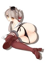 Rule 34 | 1girl, amatsukaze (kancolle), anus, ass, black hat, black panties, censored, choker, full body, garter straps, gloves, grey hair, hair between eyes, hair tubes, hat, high heels, highres, kantai collection, leaf1031, long hair, looking at viewer, lying, mini hat, mosaic censoring, on side, panties, panty pull, pussy, red footwear, red thighhighs, shoes, simple background, solo, thighhighs, underwear, white background, white gloves, yellow eyes