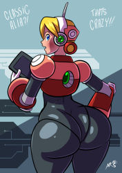 Rule 34 | 1girl, alia (mega man), android, armor, ass, axel-rosered, blonde hair, blue eyes, blush, capcom, headphones, headset, highres, huge ass, looking at viewer, mega man (series), mega man x (series), short hair, solo, spandex, standing, thick thighs, thighs