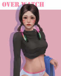 Rule 34 | 1girl, allen hsieh, animal print, black shirt, breasts, brown eyes, brown hair, casual, clothes lift, copyright name, crop top, d.va (overwatch), facepaint, facial mark, fingernails, headphones, highres, long sleeves, looking at viewer, low twintails, medium breasts, nail polish, navel, overwatch, overwatch 1, panties, pink background, pink nails, pink panties, rabbit print, shadow, shirt, solo, twintails, underwear, whisker markings, white panties