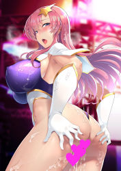 Rule 34 | 1girl, ass, blue eyes, blush, breasts, censored, covered erect nipples, cum, cum on ass, cum on hair, elbow gloves, gloves, gundam, gundam seed, hair ornament, hands on own ass, hassen (8cm), heart, heart censor, highres, large breasts, long hair, looking at viewer, meer campbell, open mouth, pink hair, smile, solo, star (symbol), star hair ornament, thighs, white gloves