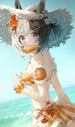 Rule 34 | absurdres, animal ears, animal ears (norankkori), armlet, bare shoulders, beach, beads, bikini, black hair, blue sky, bow, braid, breasts, carrot, character request, commentary, copyright request, day, english commentary, expressionless, flower, flower bracelet, food, frilled bikini, frills, hair ornament, hairclip, hat, highres, horse ears, horse girl, looking at viewer, looking back, mouth hold, multicolored hair, one side up, orange bikini, orange bow, orange flower, outdoors, pink eyes, plaid, plaid bikini, short hair, sidelocks, single braid, sky, small breasts, special week (hopping vitamin heart) (umamusume), special week (umamusume), straw hat, swimsuit, two-tone hair, white hair, white hat