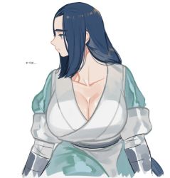 Rule 34 | 1girl, black hair, breasts, cleavage, genderswap, genderswap (mtf), korean text, large breasts, long hair, mandudaein, profile, short sleeves, simple background, solo, luo xiaohei zhanji, translation request, upper body, white background, wuxian (the legend of luoxiaohei)