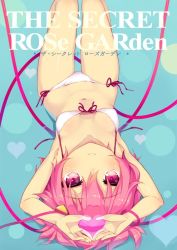 Rule 34 | 1girl, armpits, arms up, bikini, blush, breasts, cleavage, closed mouth, collarbone, english text, foreshortening, from behind, front-tie bikini top, front-tie top, hand gesture, heart, heart hands, komeiji satori, legs up, looking at viewer, looking back, lying, minamura haruki, navel, on back, pink eyes, pink hair, pink ribbon, ribbon, short hair, side-tie bikini bottom, small breasts, smile, solo, stomach, string, swimsuit, text focus, touhou, translation request, white bikini