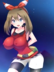 Rule 34 | 1girl, blue eyes, breasts, brown hair, covered erect nipples, creatures (company), doskoinpo, game freak, gradient background, huge breasts, may (pokemon), may (pokemon oras), nintendo, pokemon, solo