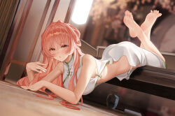 Rule 34 | 1girl, absurdres, azur lane, barefoot, blush, china dress, chinese clothes, dress, feet, highres, long hair, looking at viewer, lying, on stomach, parted lips, perseus (azur lane), pink hair, shitsurakuen (paradise lost), soles, toes