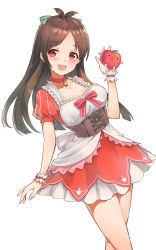 Rule 34 | 1girl, antenna hair, blush, breasts, brown hair, character doll, choker, cleavage, collarbone, corset, crossed legs, idol, idolmaster, idolmaster cinderella girls, idolmaster cinderella girls starlight stage, long hair, looking at viewer, medium breasts, parted bangs, puffy short sleeves, puffy sleeves, red choker, red eyes, ringorou (idolmaster), short sleeves, shoukichi (shony), simple background, smile, solo, tsujino akari, watson cross, white background, wrist cuffs