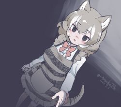 Rule 34 | 1girl, 9735aoitora, animal ear fluff, animal ears, apron, blonde hair, blush, bow, bowtie, brown eyes, brown hair, commentary request, dated, empty eyes, extra ears, hair between eyes, kemono friends, long sleeves, multicolored hair, open mouth, orange bow, orange bowtie, plaid, plaid apron, shirt, short hair, signature, skirt, solo, standing, tail, thighhighs, thylacine (kemono friends), white hair