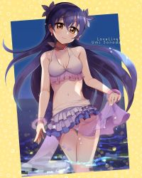Rule 34 | 1girl, bikini, bikini skirt, blue hair, blush, bracelet, closed mouth, commentary request, flower, frilled bikini, frills, hair between eyes, hair flower, hair ornament, hibiscus, highres, jewelry, long hair, looking at viewer, love live!, love live! school idol project, natsuiro egao de 1 2 jump!, necklace, night, skirt hold, smile, solo, sonoda umi, swimsuit, wading, water, yellow eyes