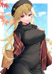 Rule 34 | 1girl, alternate costume, black dress, blonde hair, blue sky, breasts, checkered shawl, cloud, commission, dress, earrings, ears, groin, highres, jewelry, junko (touhou), kaede (mmkeyy), large breasts, leaf, lips, long hair, looking at viewer, maple leaf, nose, pixiv commission, red eyes, shawl, sky, smile, touhou, turtleneck, turtleneck dress