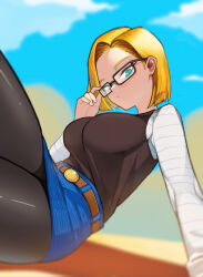 Rule 34 | 1girl, absurdres, android 18, aqua eyes, belt, black pantyhose, black shirt, blonde hair, blue skirt, blue sky, breasts, closed mouth, cloud, denim, denim skirt, dragon ball, dragonball z, earrings, expressionless, glasses, highres, jewelry, kellila93, large breasts, looking at viewer, outdoors, pantyhose, selfie, shirt, short hair, skirt, sky, solo, white shirt